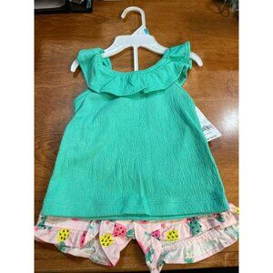 Carters 2-Piece Toddler Outfit Aqua Ruffle Top & Pink Strawberry Print Shorts -